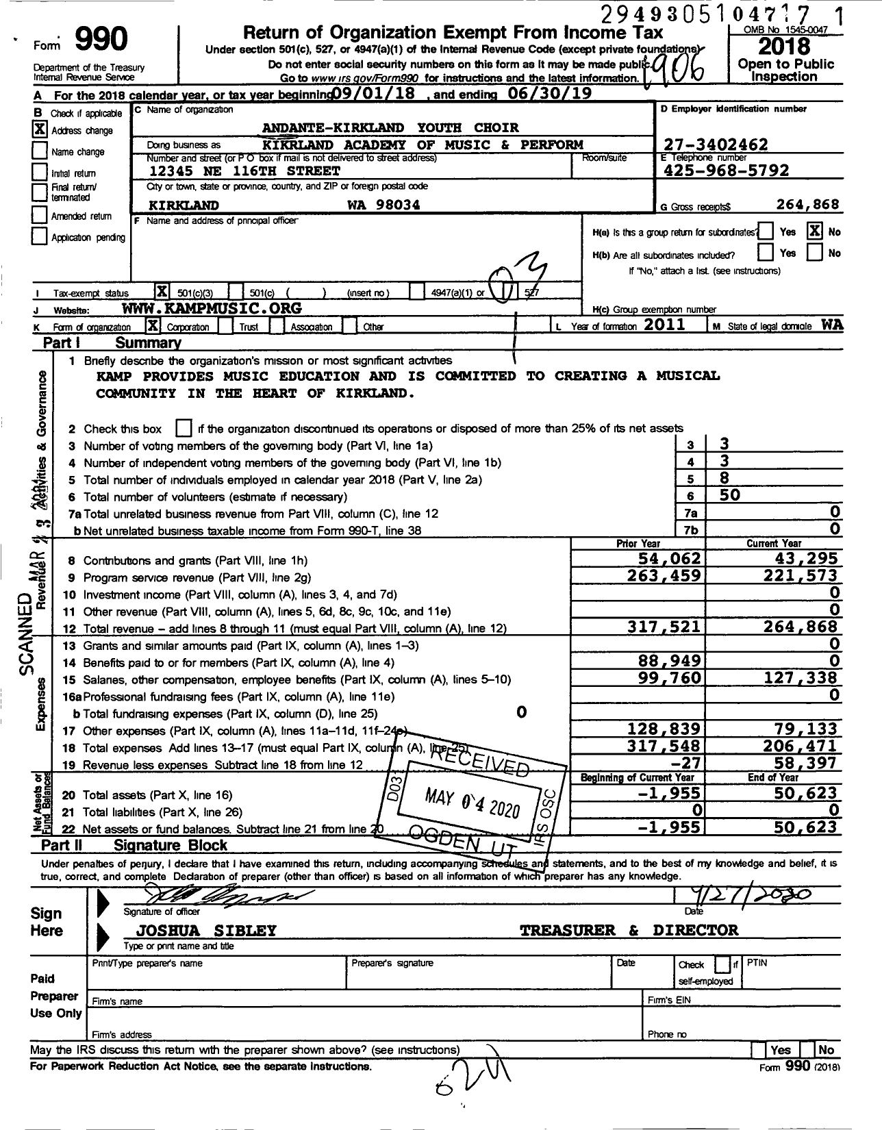 Image of first page of 2018 Form 990 for KAMP Music