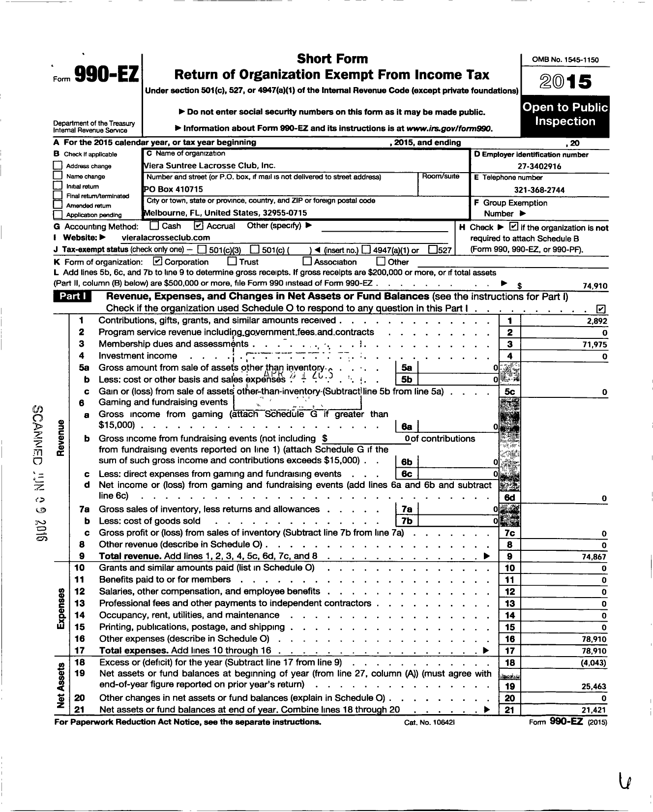 Image of first page of 2015 Form 990EO for Viera Suntree Lacrosse Club