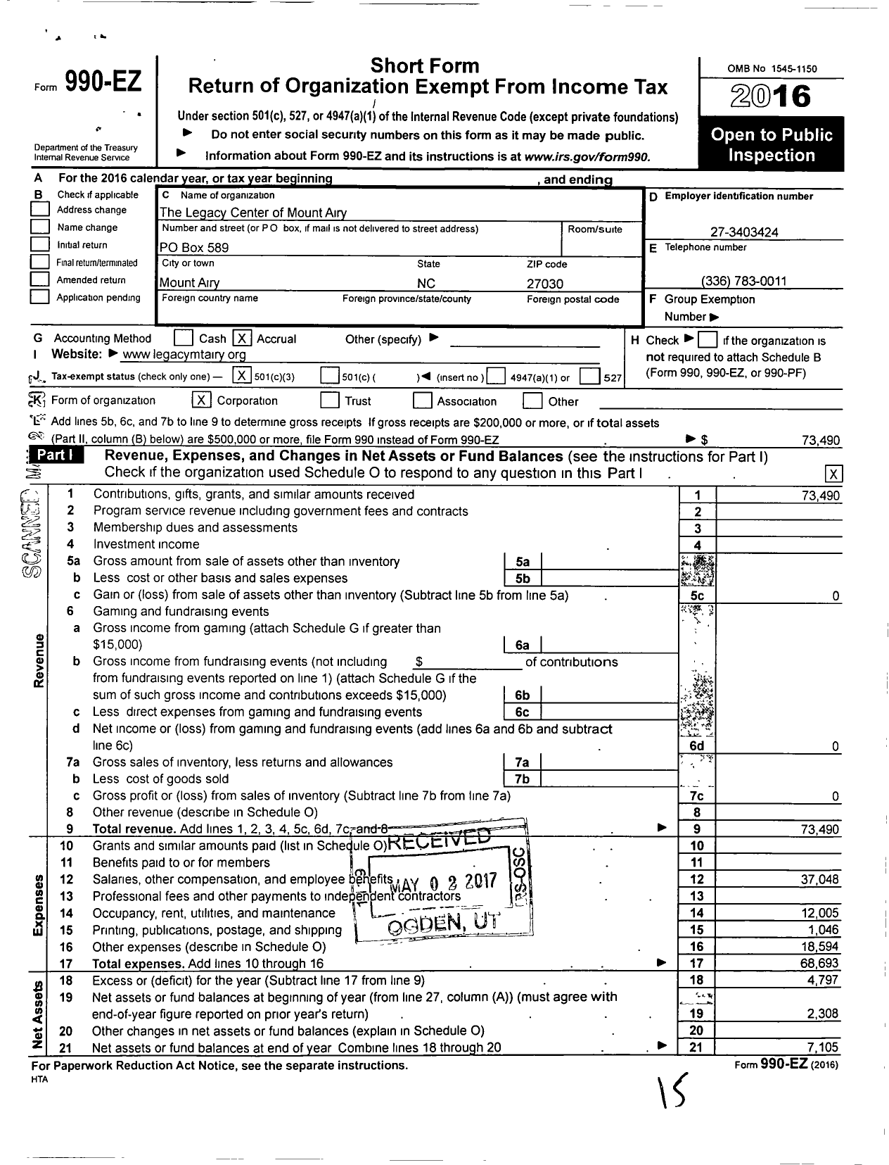 Image of first page of 2016 Form 990EZ for The Legacy Center of Mount Airy