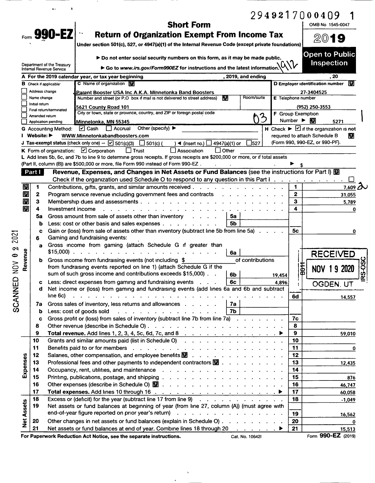 Image of first page of 2019 Form 990EZ for Minnetonka Band Boosters