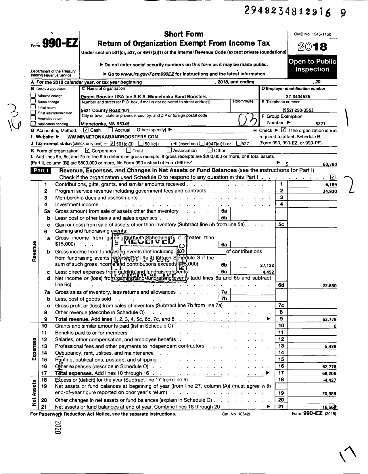 Image of first page of 2018 Form 990EZ for Minnetonka Band Boosters