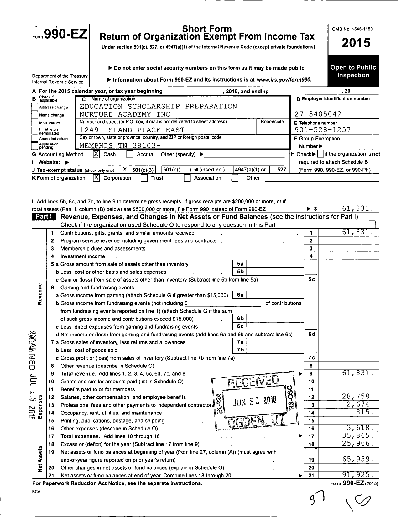 Image of first page of 2015 Form 990EZ for Education Scholarship Preparation Nurture Academy