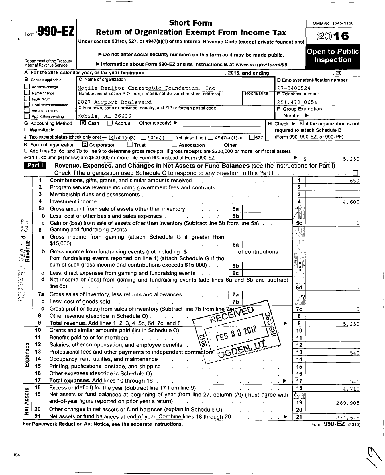 Image of first page of 2016 Form 990EZ for Mobile Realtor Charitable Foundation