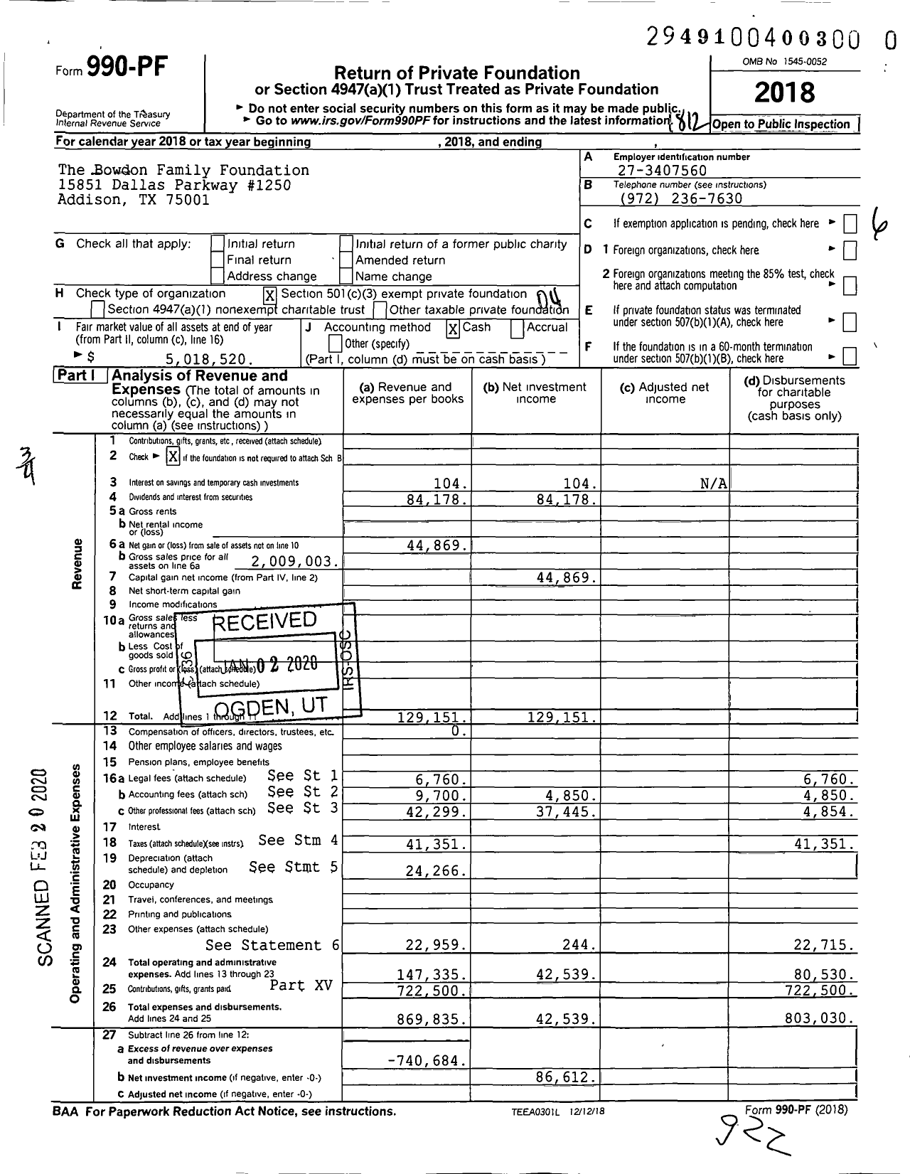 Image of first page of 2018 Form 990PF for The Bowdon Family Foundation