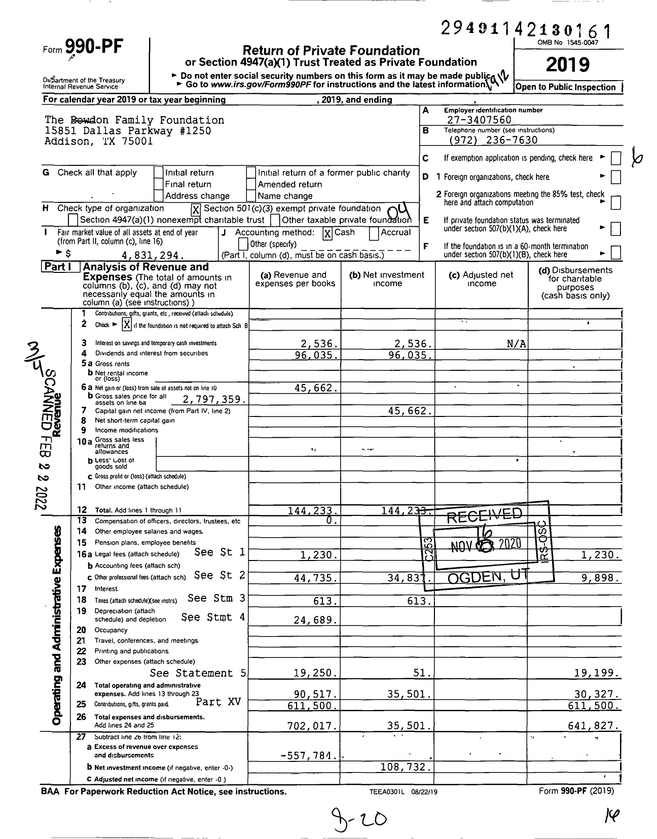 Image of first page of 2019 Form 990PF for The Bowdon Family Foundation