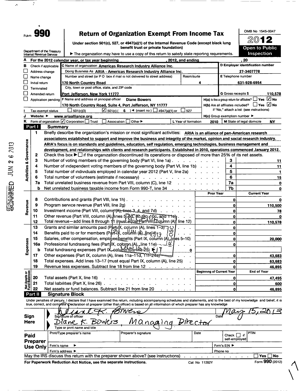 Image of first page of 2012 Form 990O for Americas Research Industry Alliance