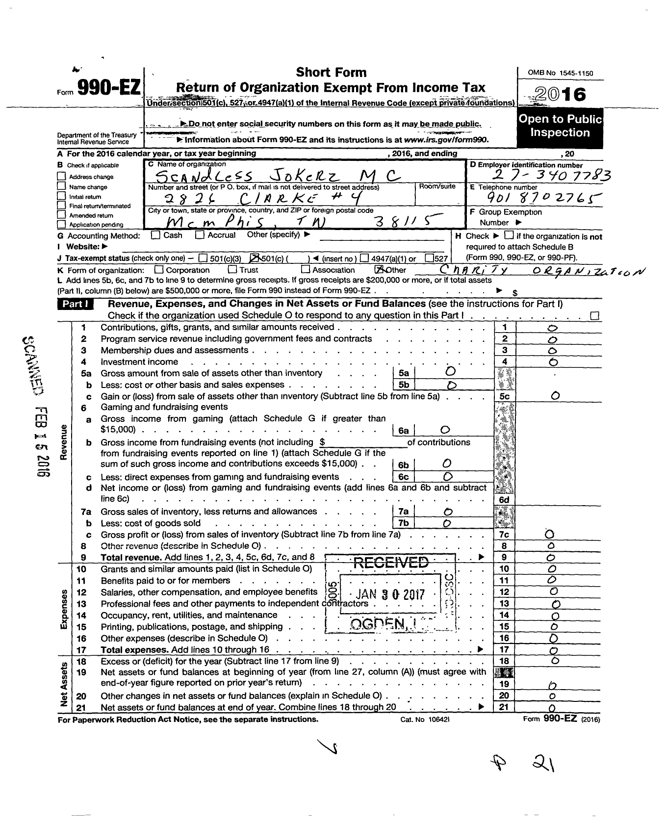 Image of first page of 2016 Form 990EO for Scandless Jokerz MC