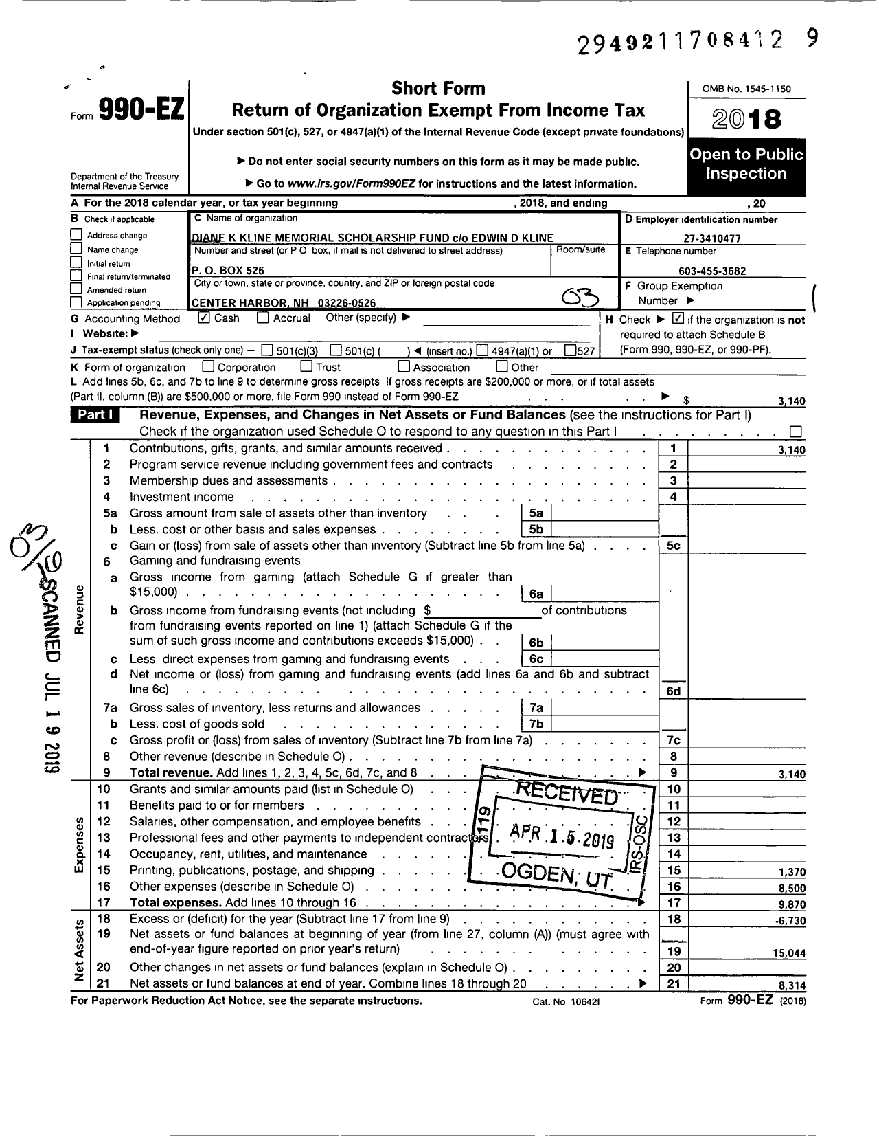 Image of first page of 2018 Form 990EZ for Diane K Kline Memorial Scholarship Fund