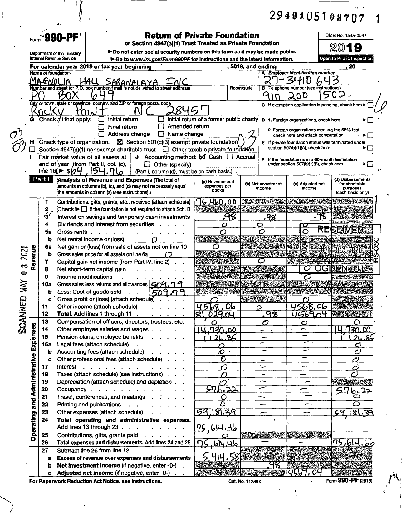 Image of first page of 2019 Form 990PF for Magnolia Hall Saranalaya Inc a private operating foundation