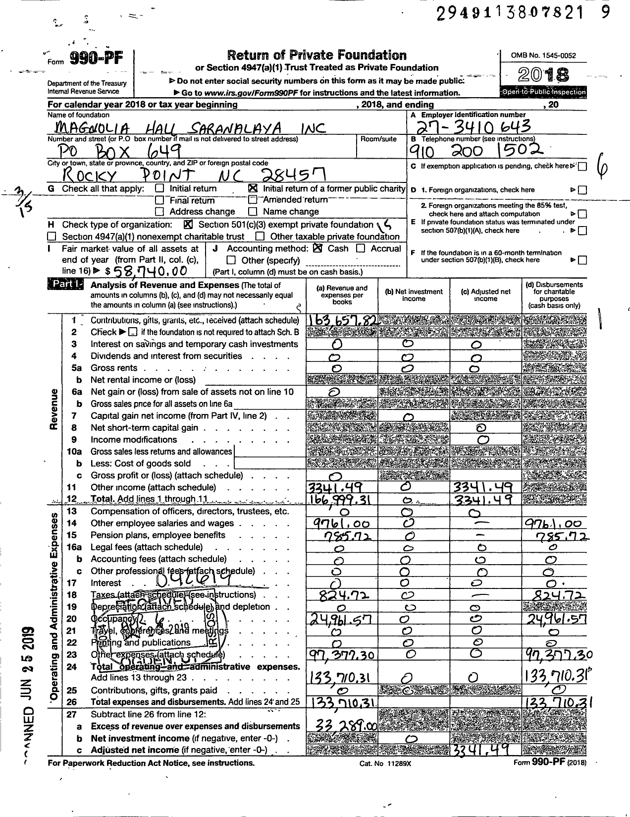 Image of first page of 2018 Form 990PF for Magnolia Hall Saranalaya Inc a private operating foundation