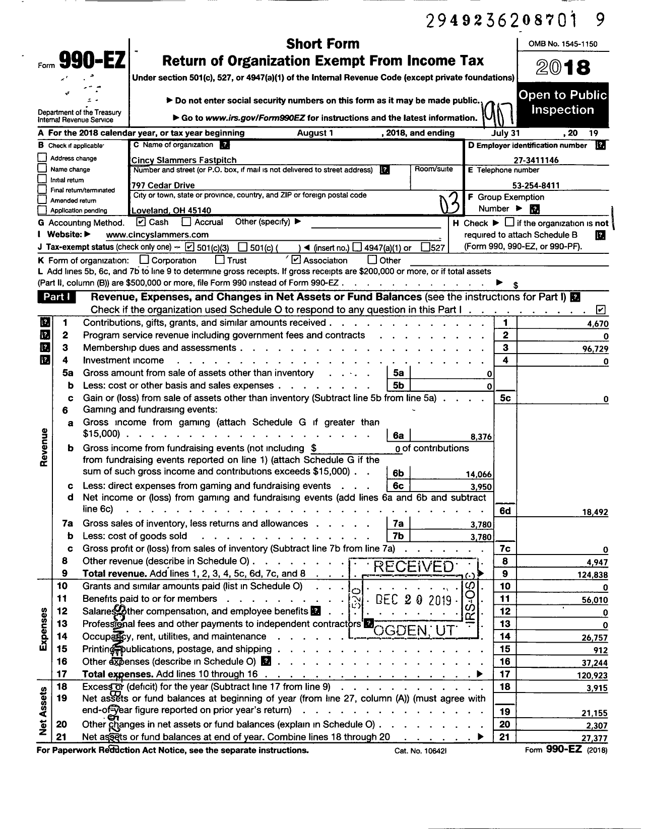 Image of first page of 2018 Form 990EZ for Cincy Slammers Fastpitch