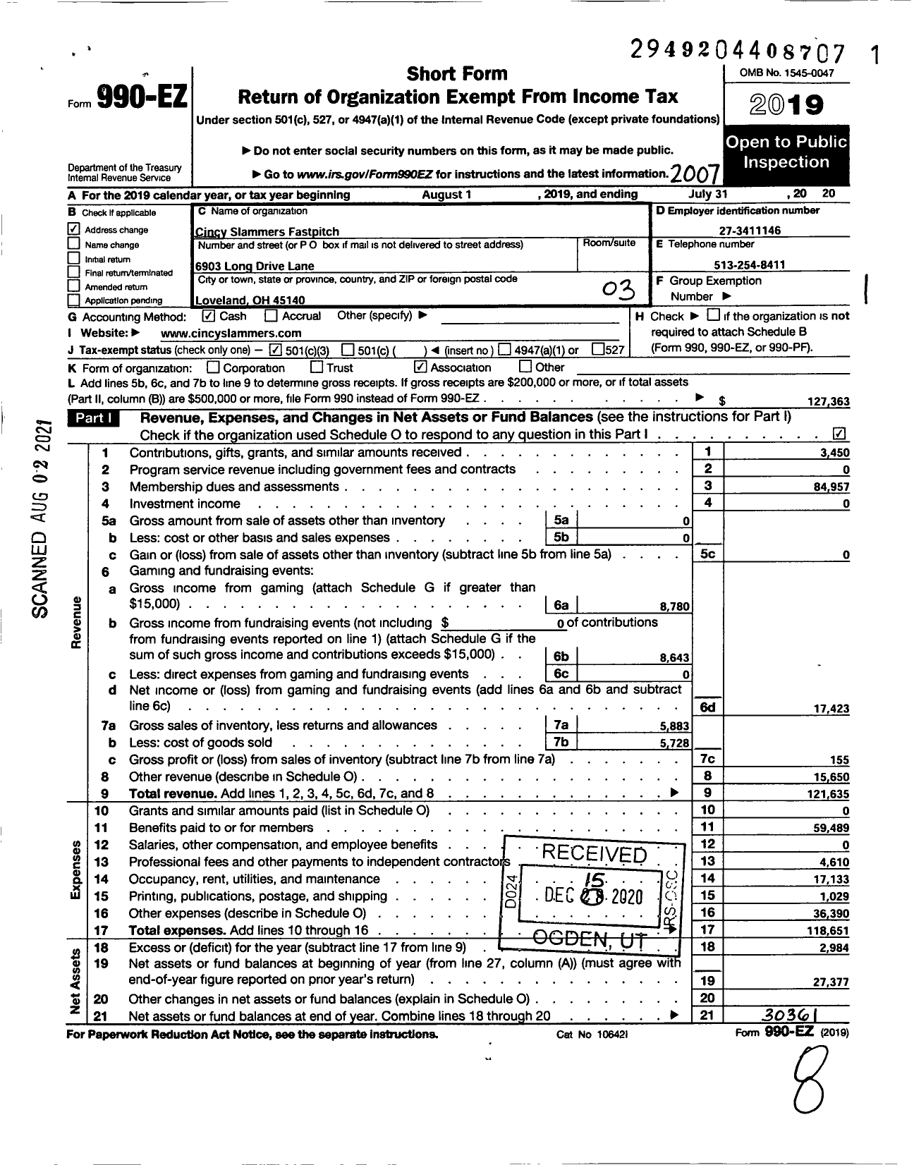 Image of first page of 2019 Form 990EZ for Cincy Slammers Fastpitch