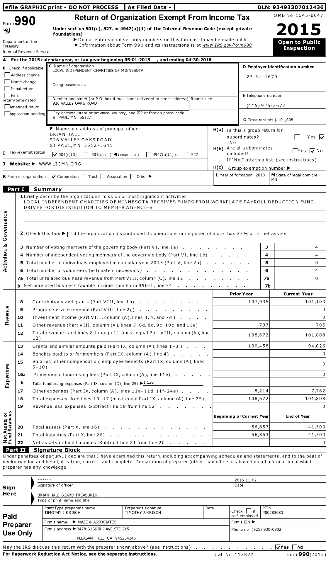 Image of first page of 2015 Form 990 for Local Independent Charities of Minnesota