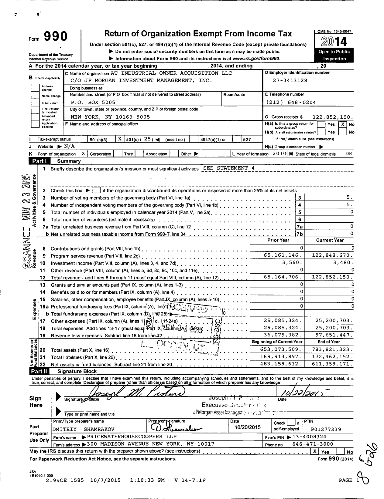 Image of first page of 2014 Form 990O for AT Industrial Owner Acquisition LLC