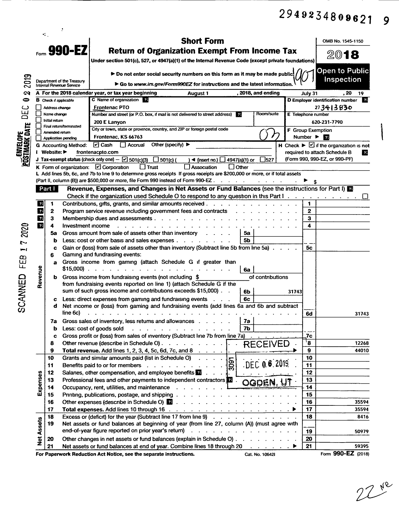 Image of first page of 2018 Form 990EZ for Frontenac Pto
