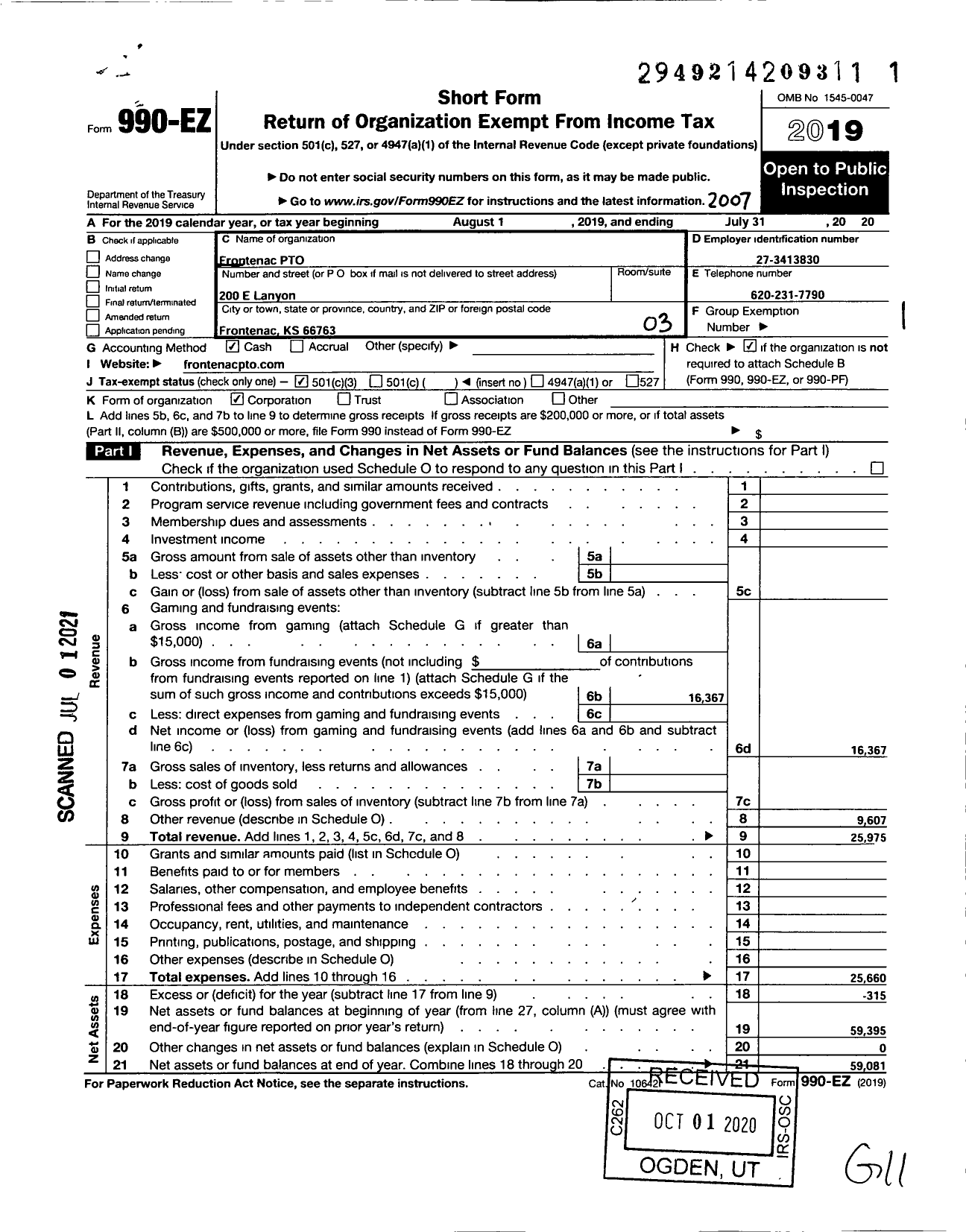 Image of first page of 2019 Form 990EZ for Frontenac Pto
