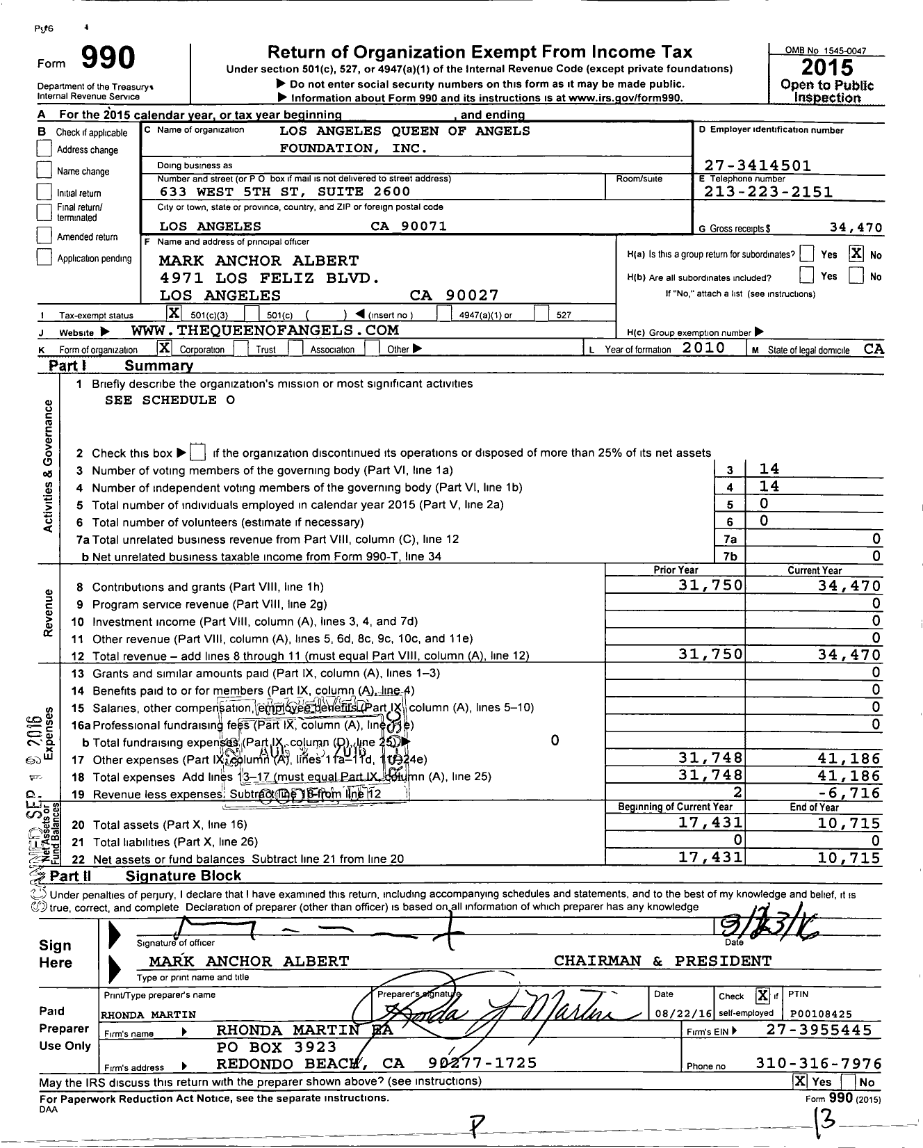 Image of first page of 2015 Form 990 for Los Angeles Queen of Angels Foundation