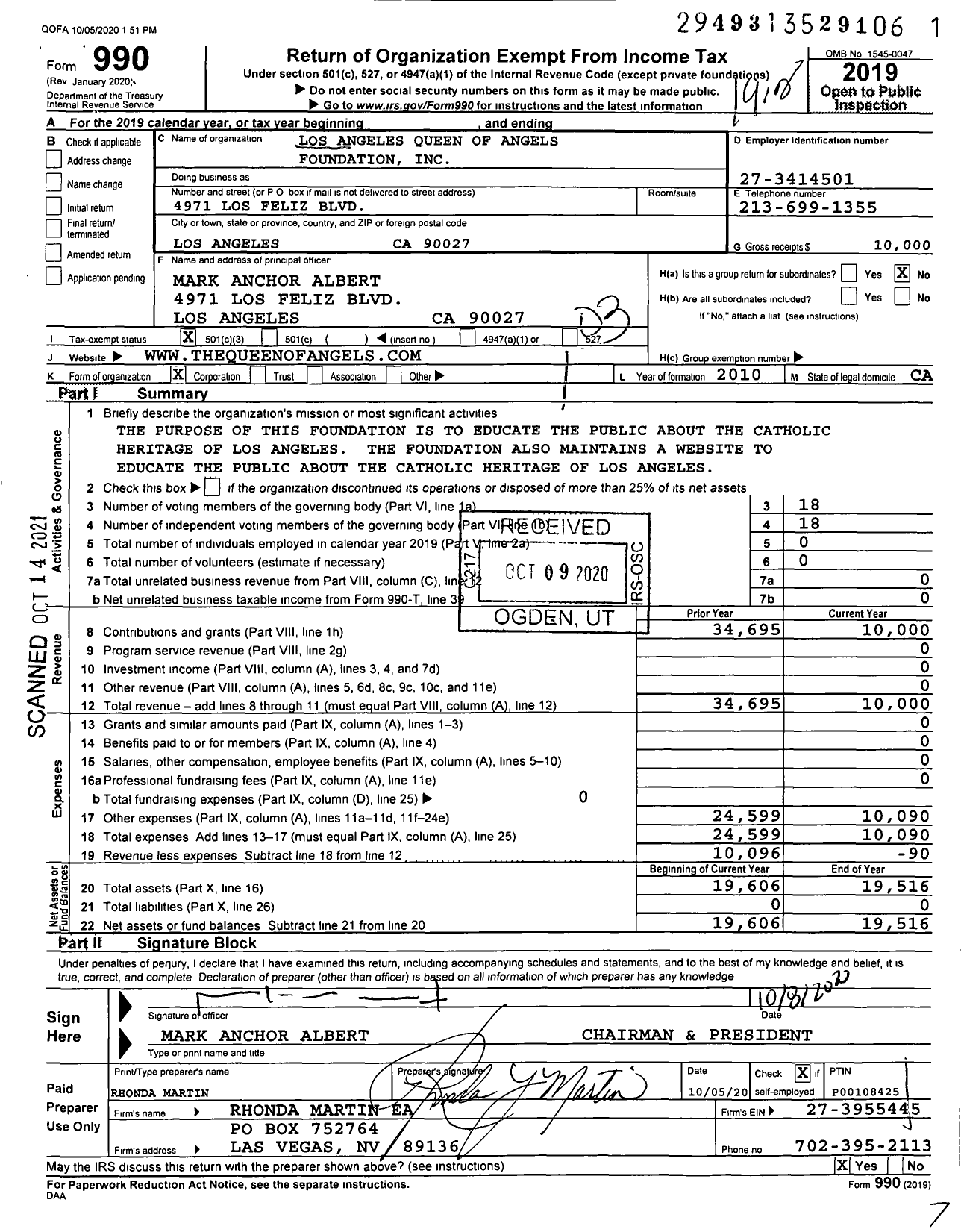 Image of first page of 2019 Form 990 for Los Angeles Queen of Angels Foundation