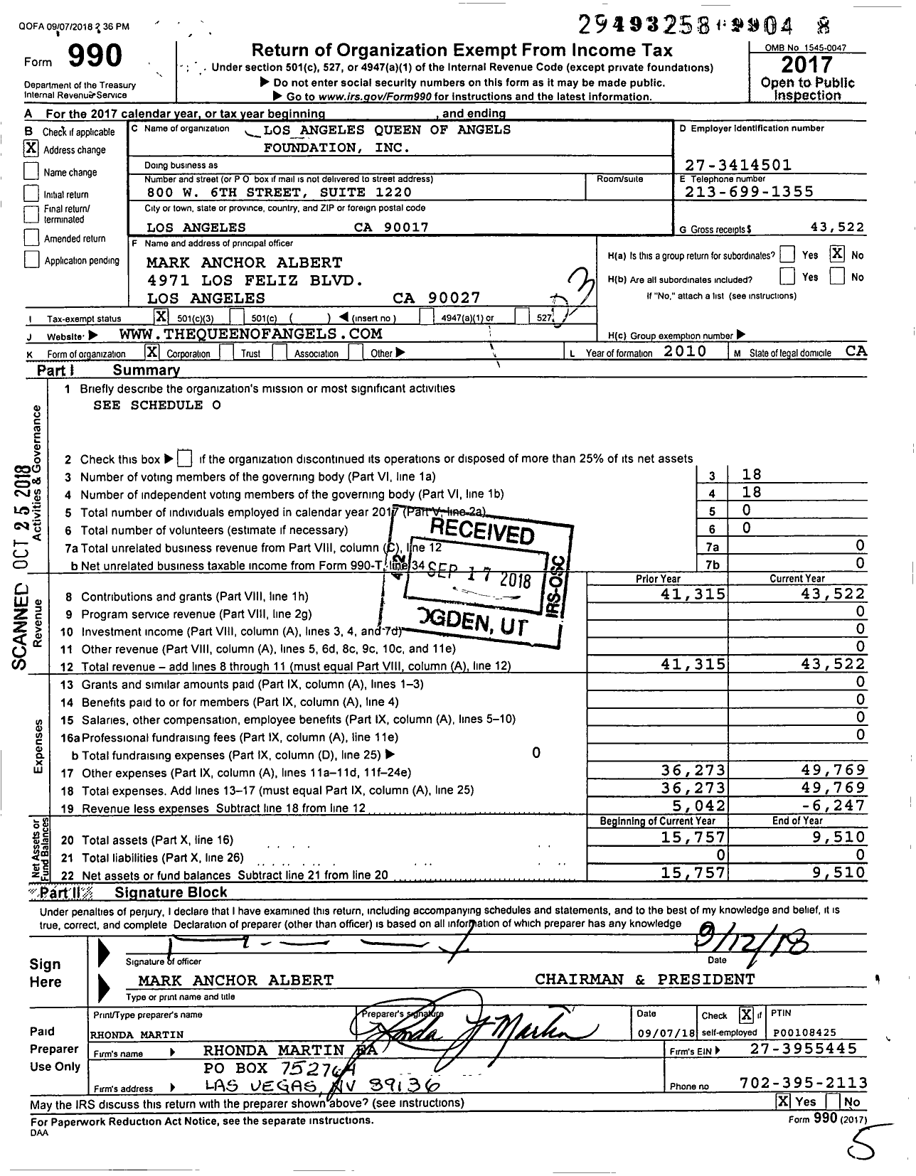 Image of first page of 2017 Form 990 for Los Angeles Queen of Angels Foundation