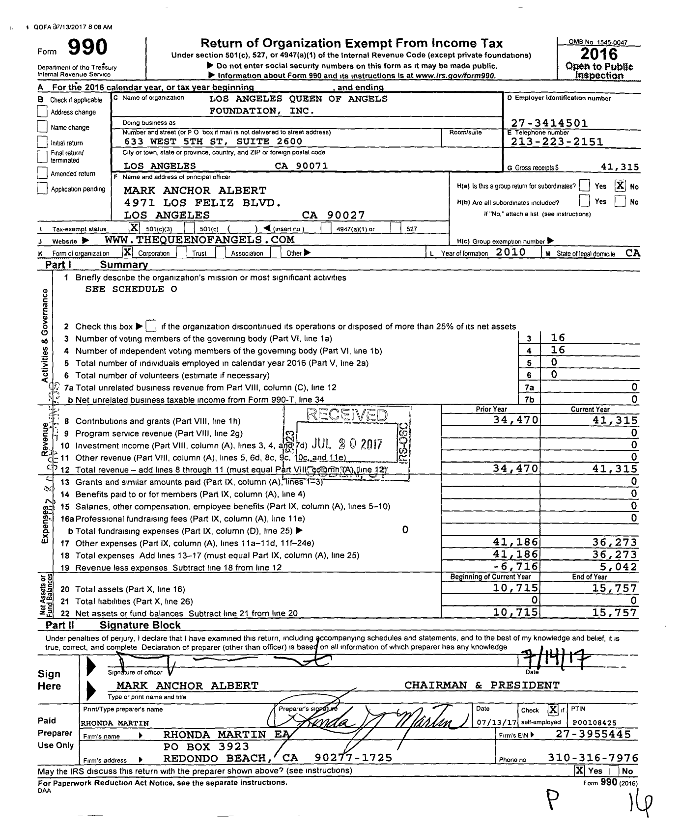 Image of first page of 2016 Form 990 for Los Angeles Queen of Angels Foundation