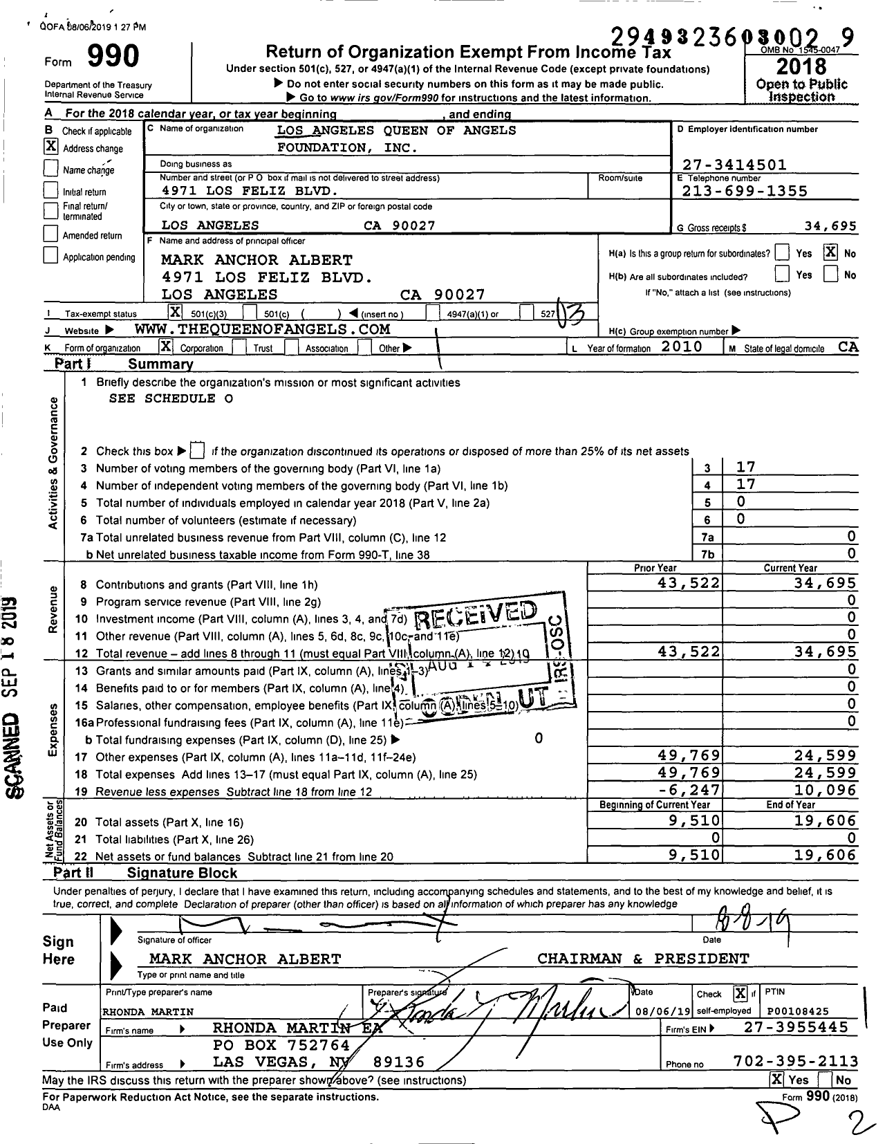 Image of first page of 2018 Form 990 for Los Angeles Queen of Angels Foundation