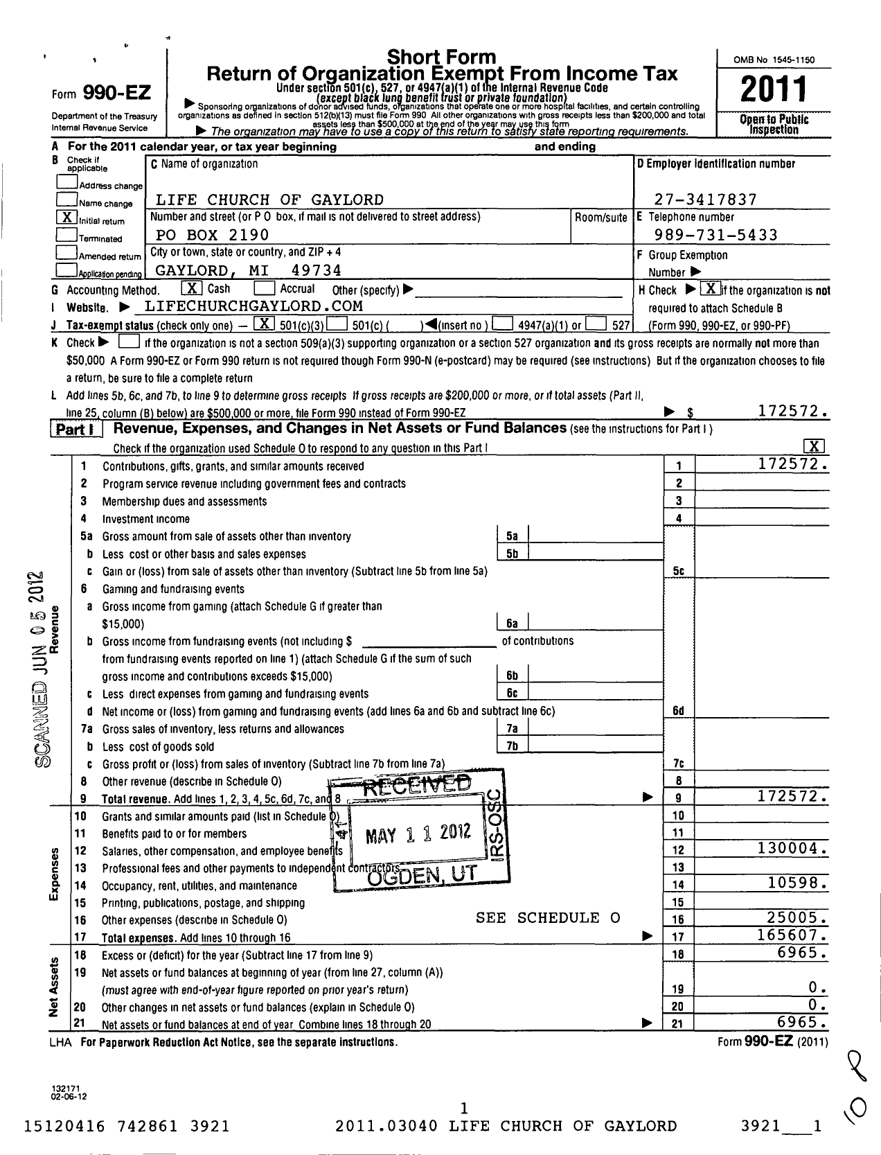 Image of first page of 2011 Form 990EZ for Life Church of Gaylord