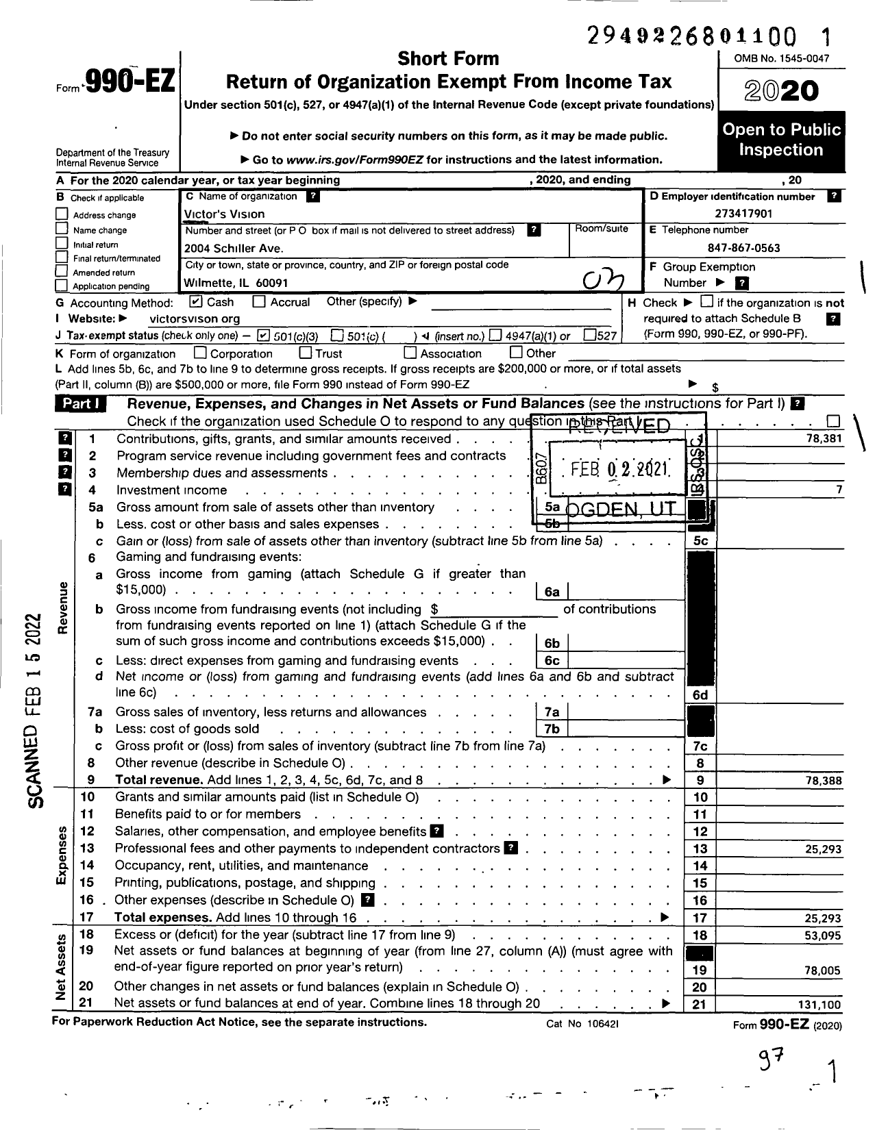 Image of first page of 2020 Form 990EZ for Victor's Vision