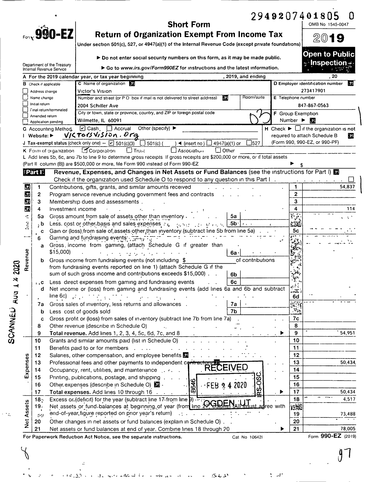 Image of first page of 2019 Form 990EZ for Victor's Vision