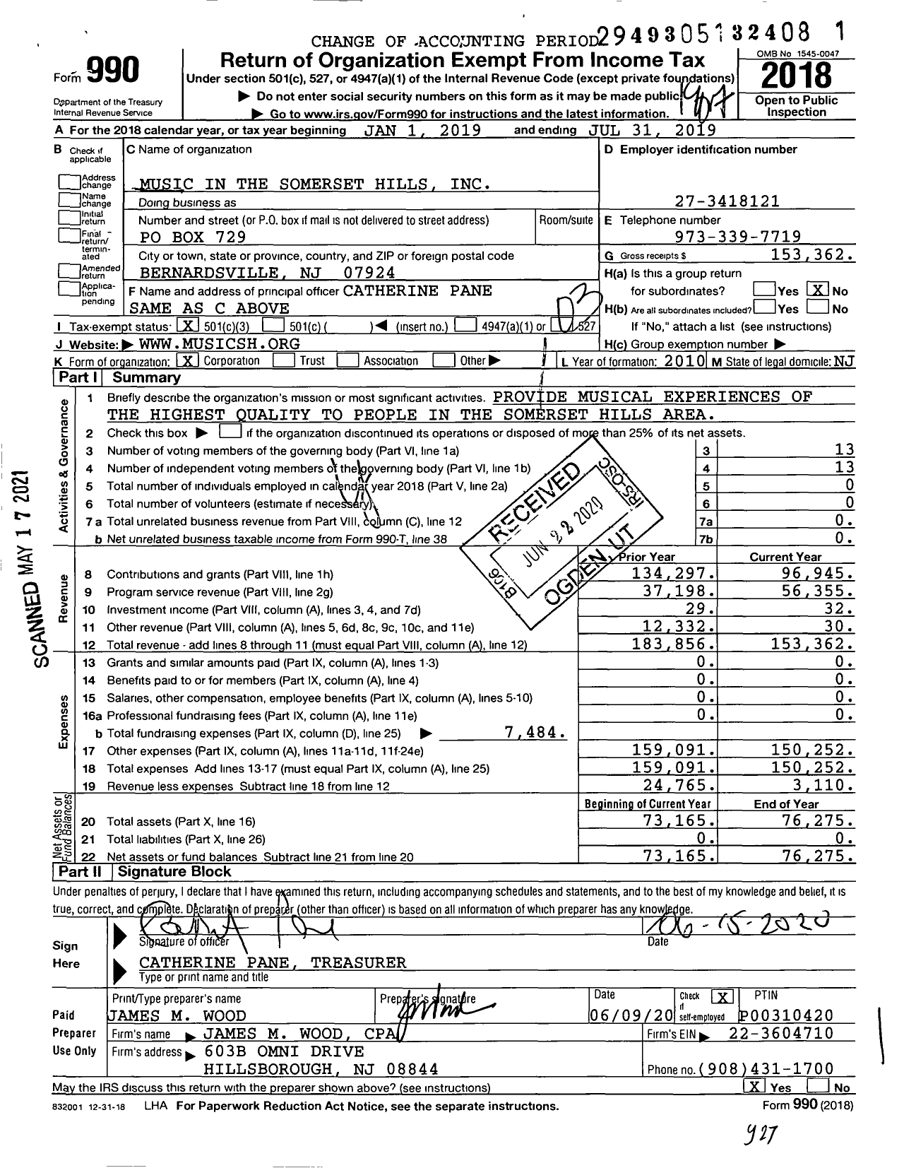 Image of first page of 2018 Form 990 for Music in the Somerset Hills