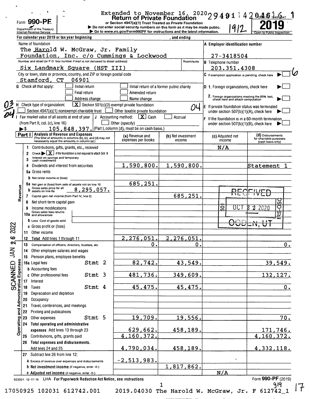 Image of first page of 2019 Form 990PF for Harold W. McGraw Jr. Family Foundation