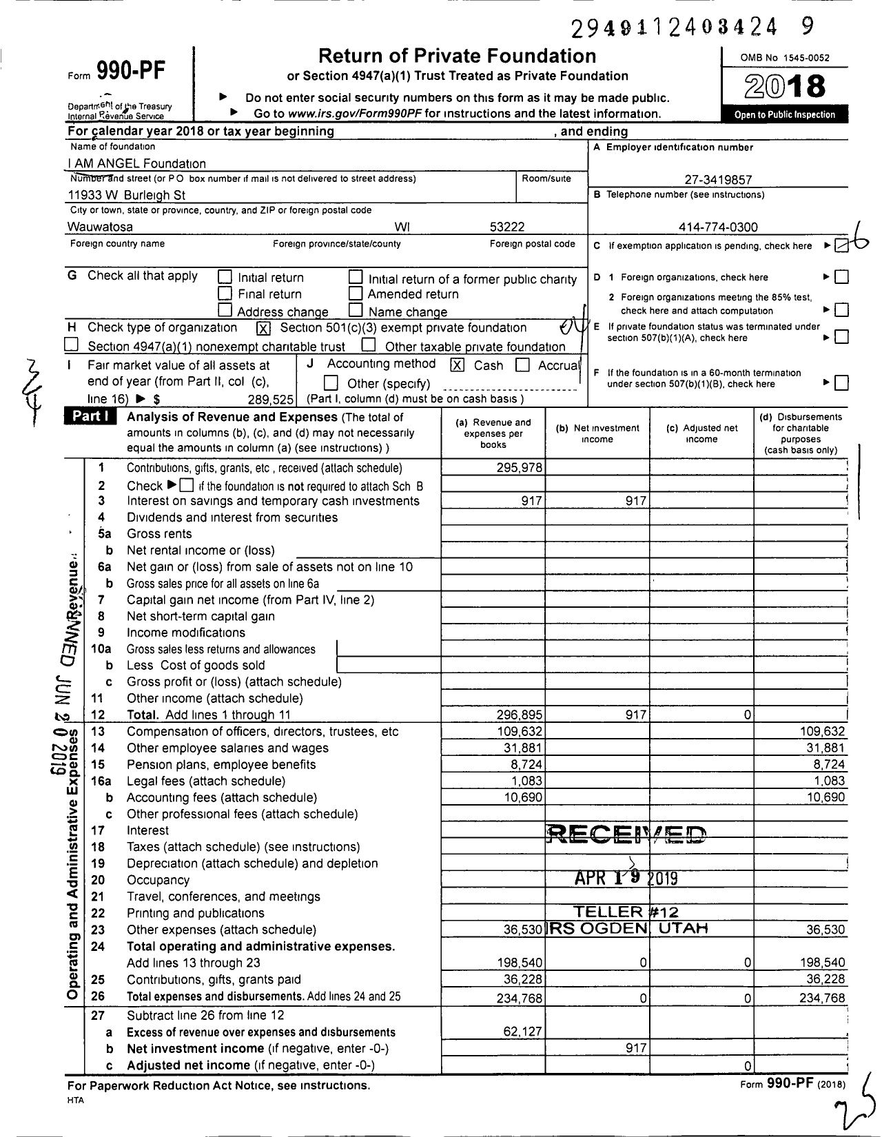 Image of first page of 2018 Form 990PF for IAMANGEL Foundation