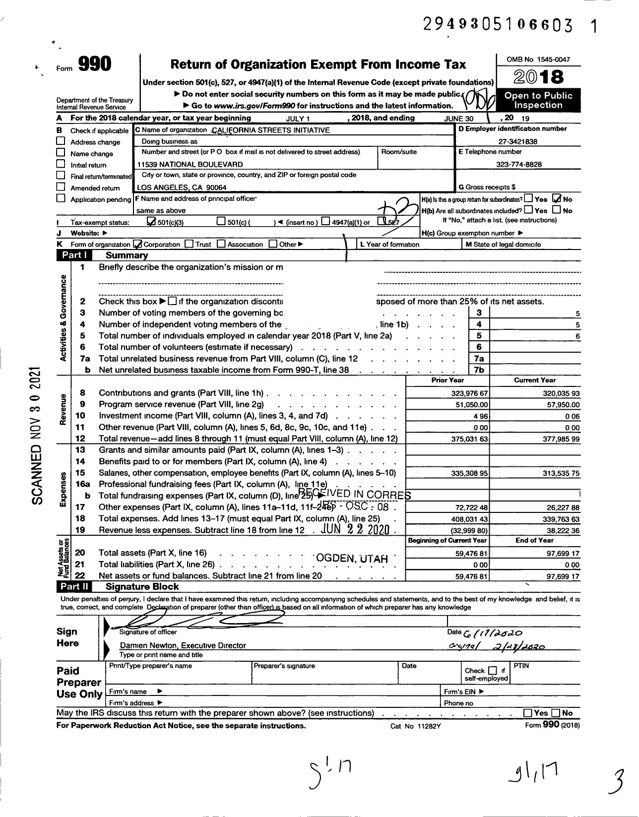 Image of first page of 2018 Form 990 for Southern California Streets Initiative