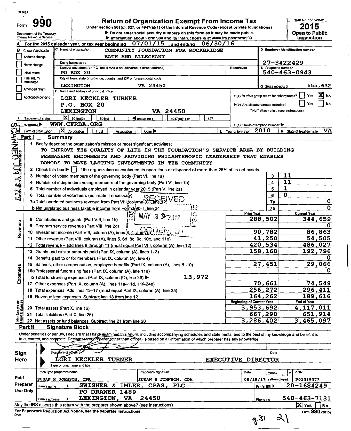 Image of first page of 2015 Form 990 for Community Foundation for Rockbridge Bath and Allegheny