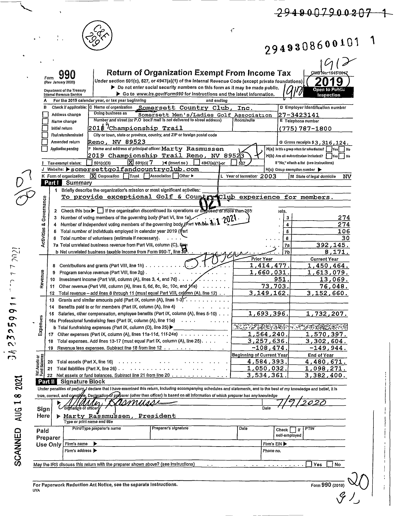 Image of first page of 2019 Form 990O for Somersett Country Club