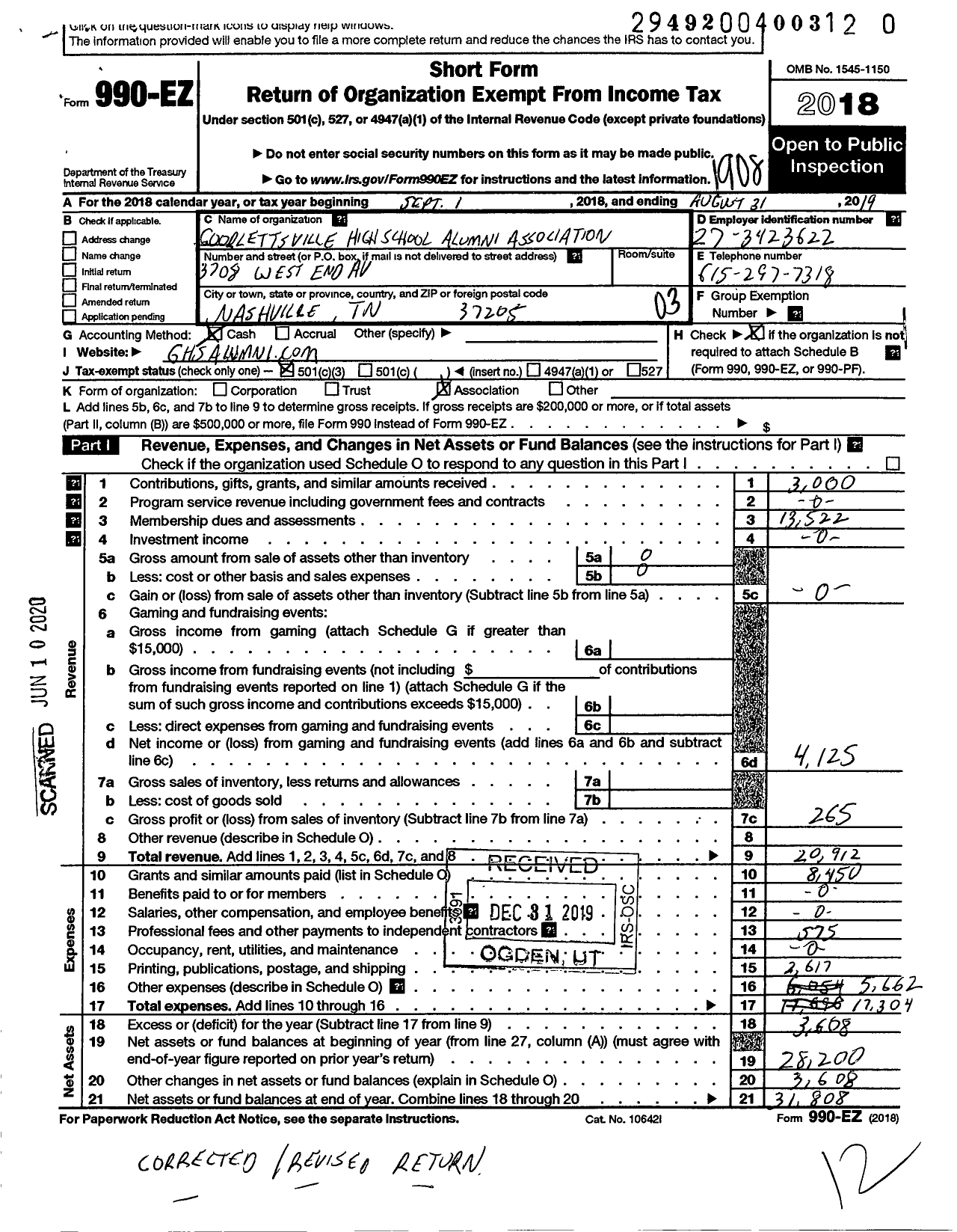 Image of first page of 2018 Form 990EZ for Goodlettsville High School Alumni Association