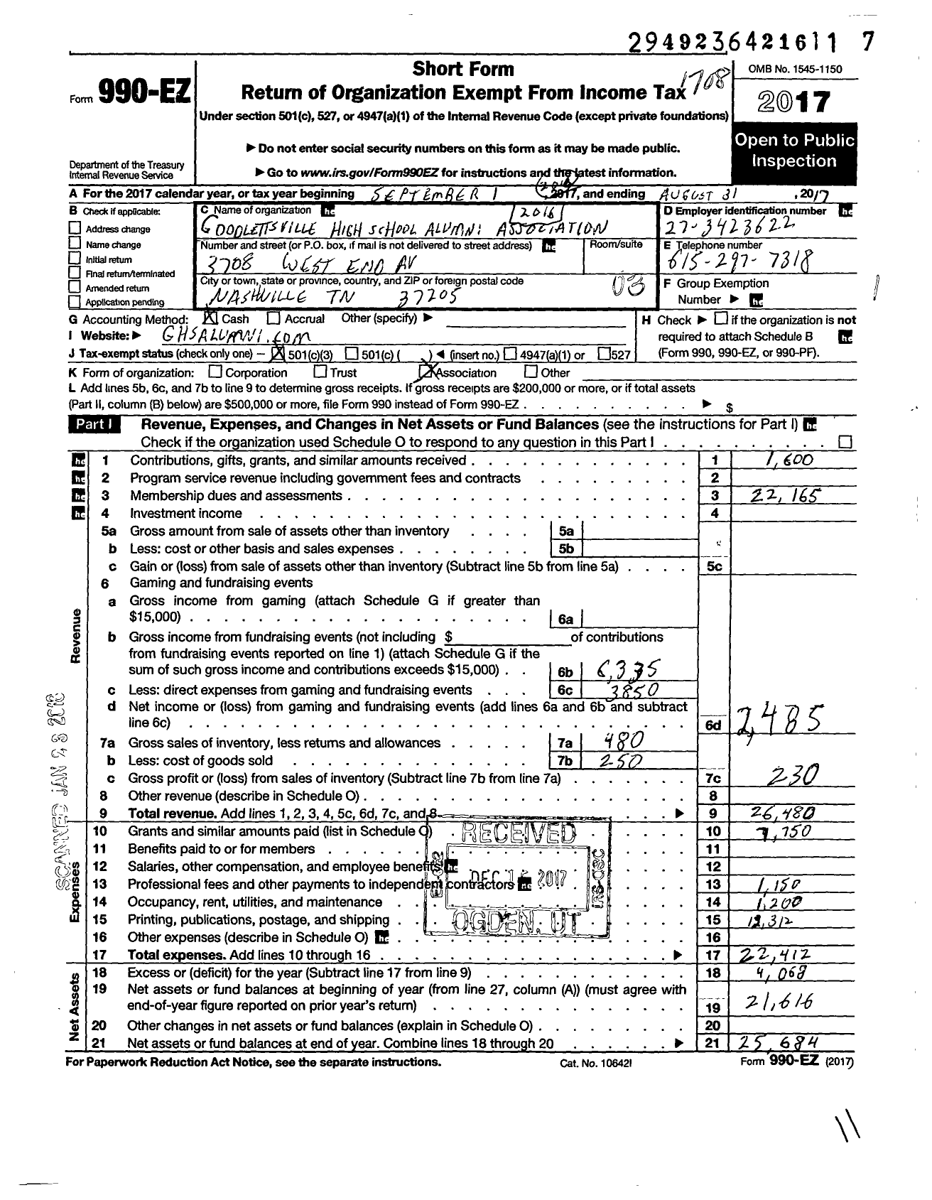 Image of first page of 2016 Form 990EZ for Goodlettsville High School Alumni Association