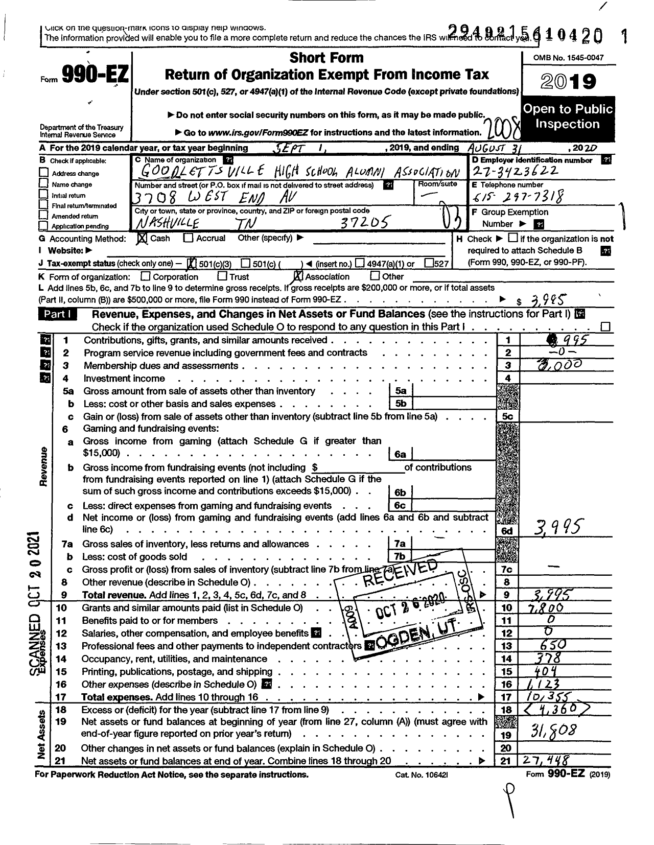 Image of first page of 2019 Form 990EZ for Goodlettsville High School Alumni Association