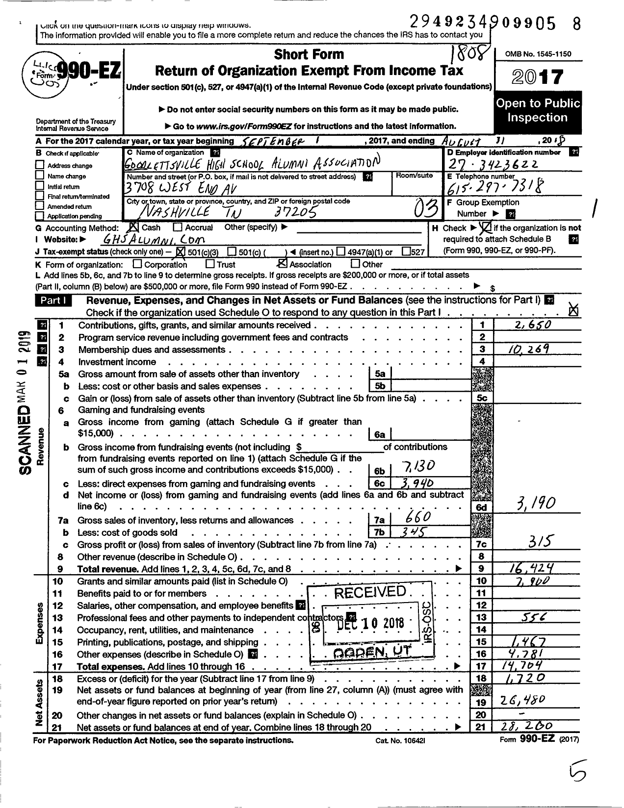 Image of first page of 2017 Form 990EZ for Goodlettsville High School Alumni Association