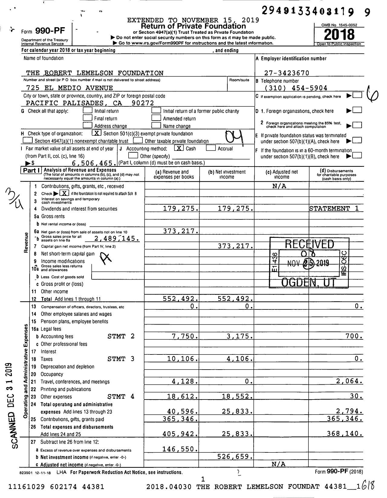 Image of first page of 2018 Form 990PF for The Robert Lemelson Foundation