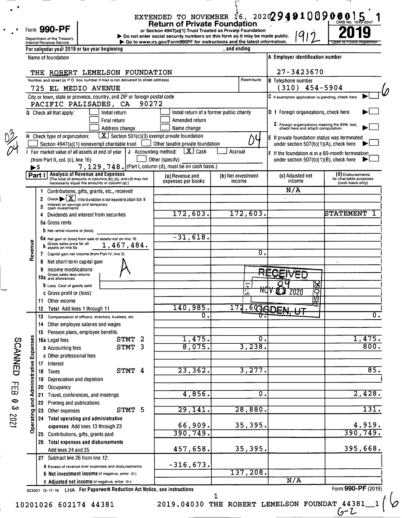 Image of first page of 2019 Form 990PF for The Robert Lemelson Foundation