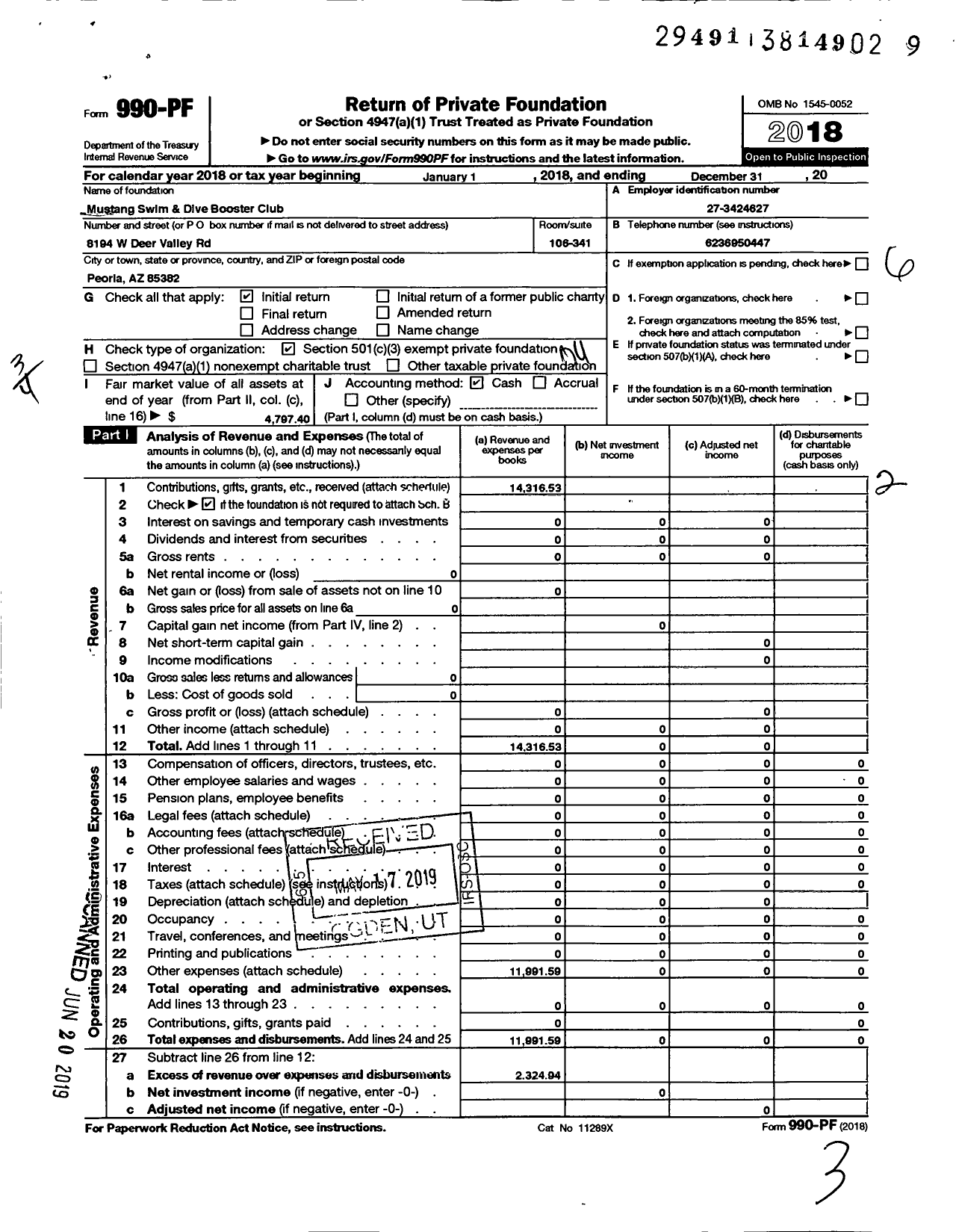 Image of first page of 2018 Form 990PF for Mustang Swim and Dive Booster Club