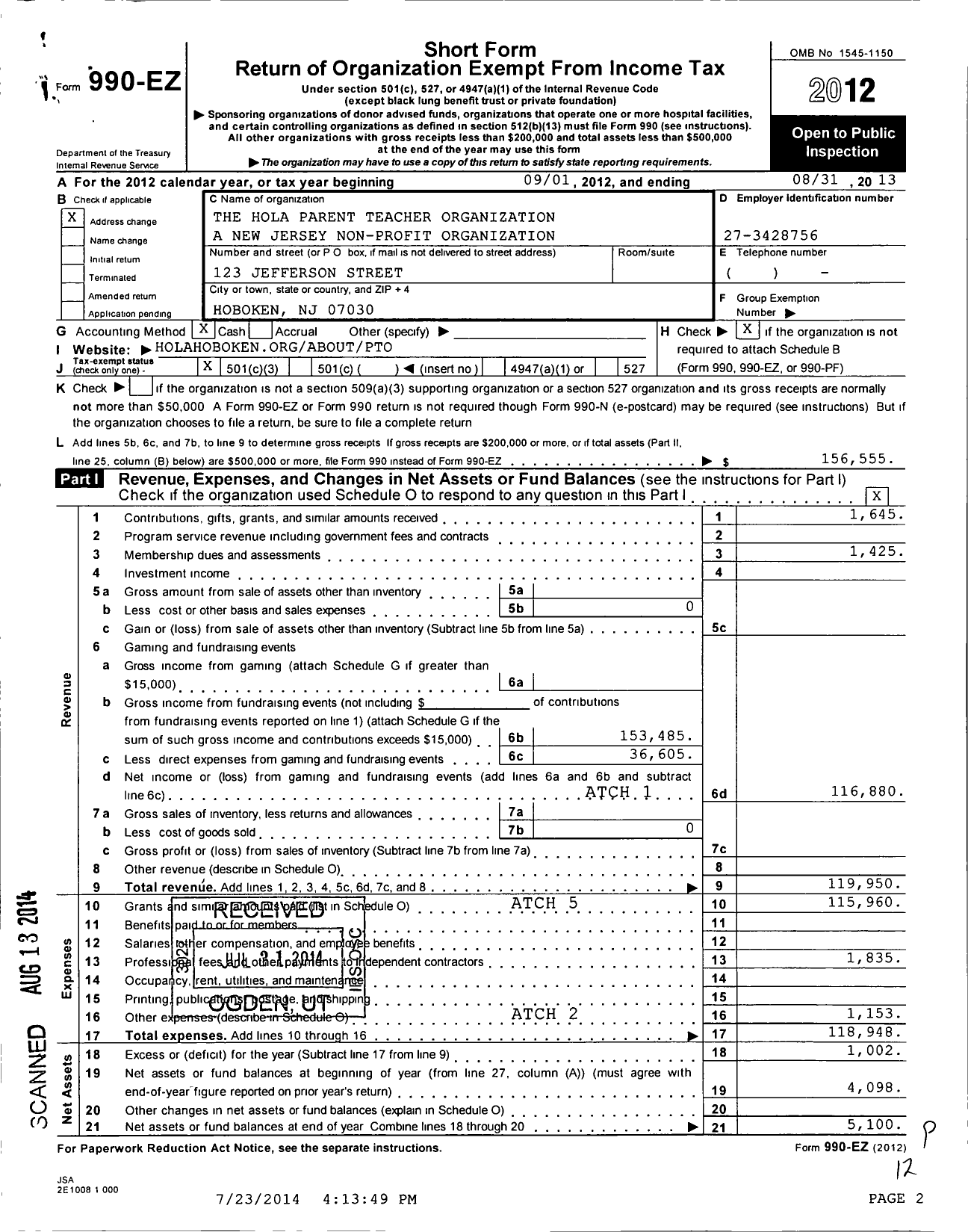 Image of first page of 2012 Form 990EZ for The HOLA Parent Teacher Organization