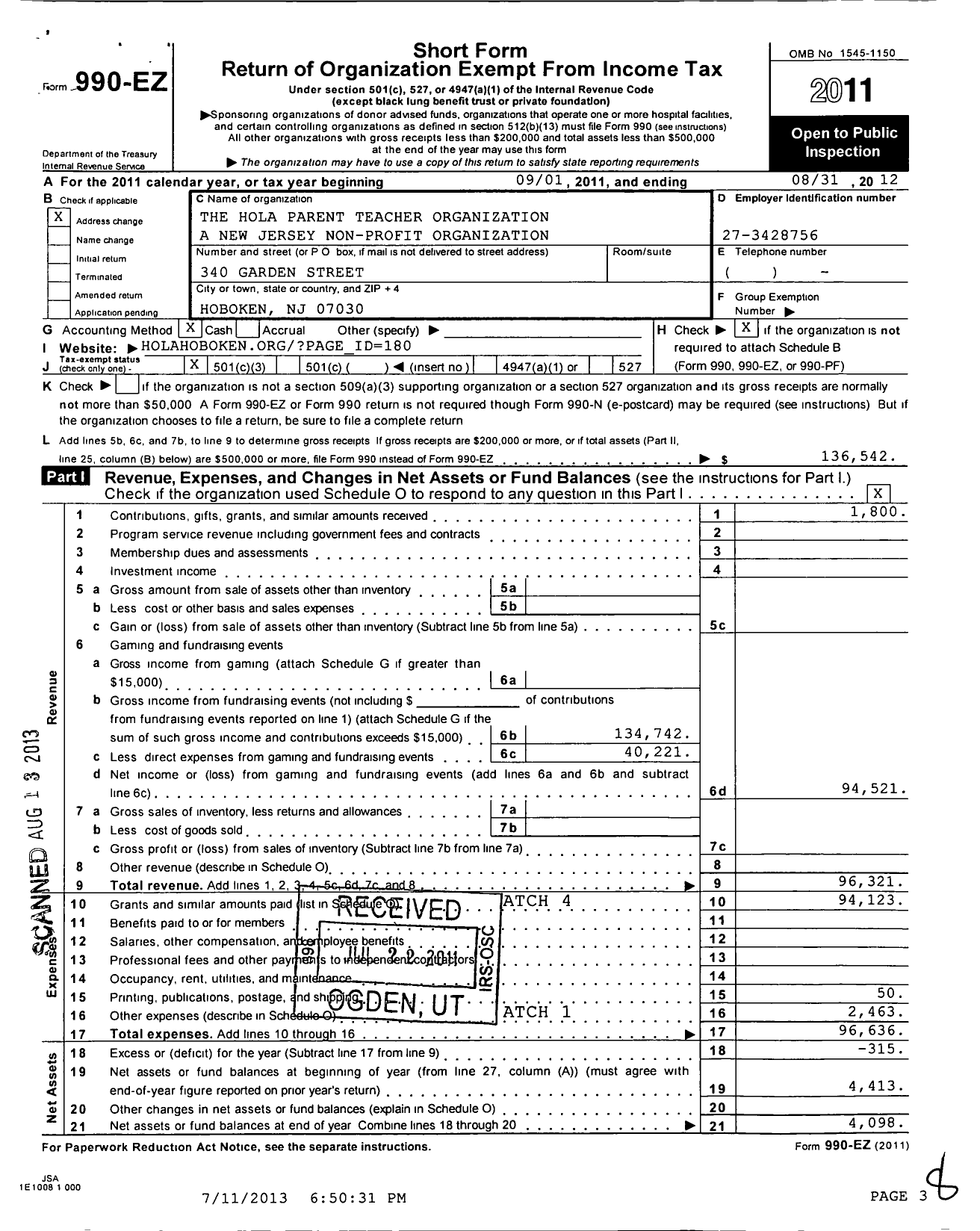 Image of first page of 2011 Form 990EZ for The HOLA Parent Teacher Organization