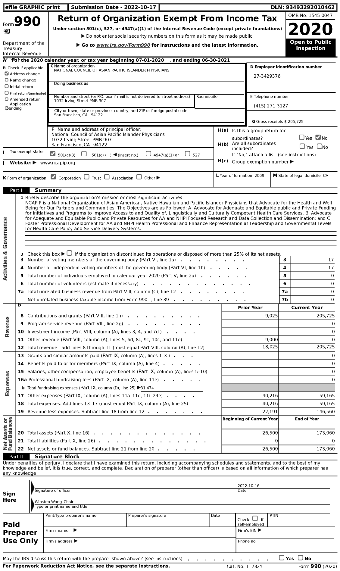 Image of first page of 2020 Form 990 for National Council of Asian Pacific Islander Physicians (NCAPIP)