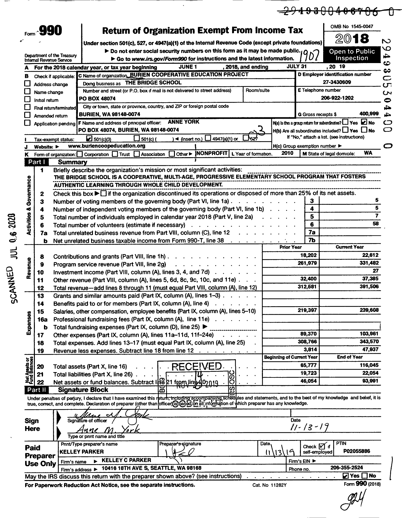 Image of first page of 2018 Form 990 for The Bridge School / Burien Cooperative Education Project