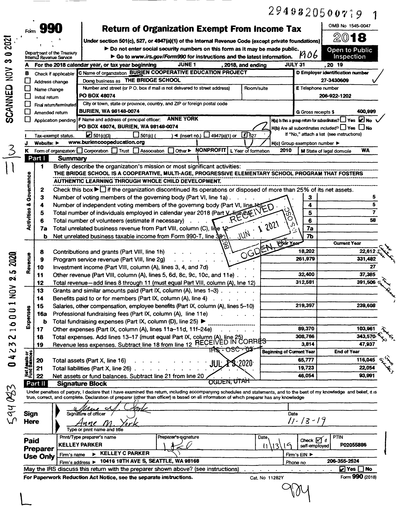 Image of first page of 2018 Form 990 for The Bridge School / Burien Cooperative Education Project