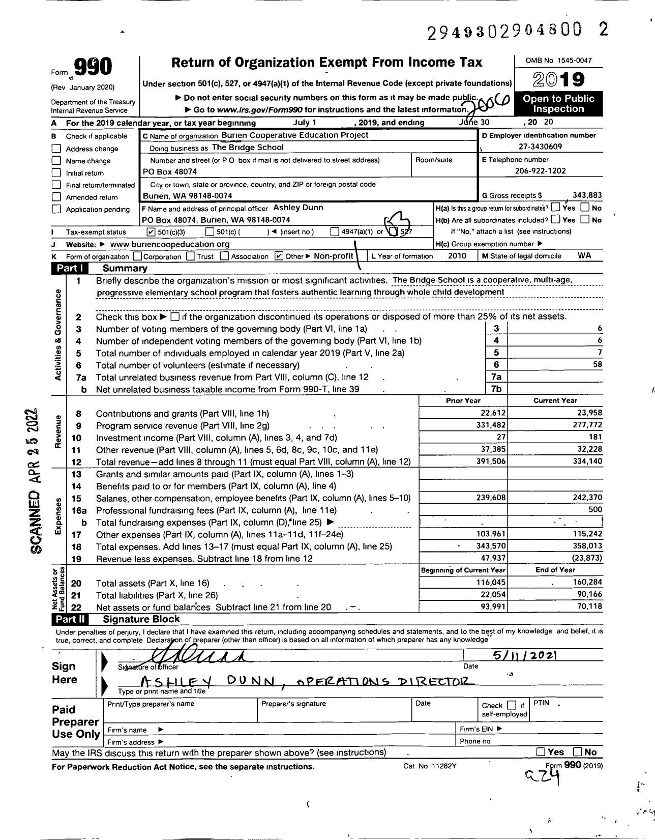 Image of first page of 2019 Form 990 for The Bridge School / Burien Cooperative Education Project