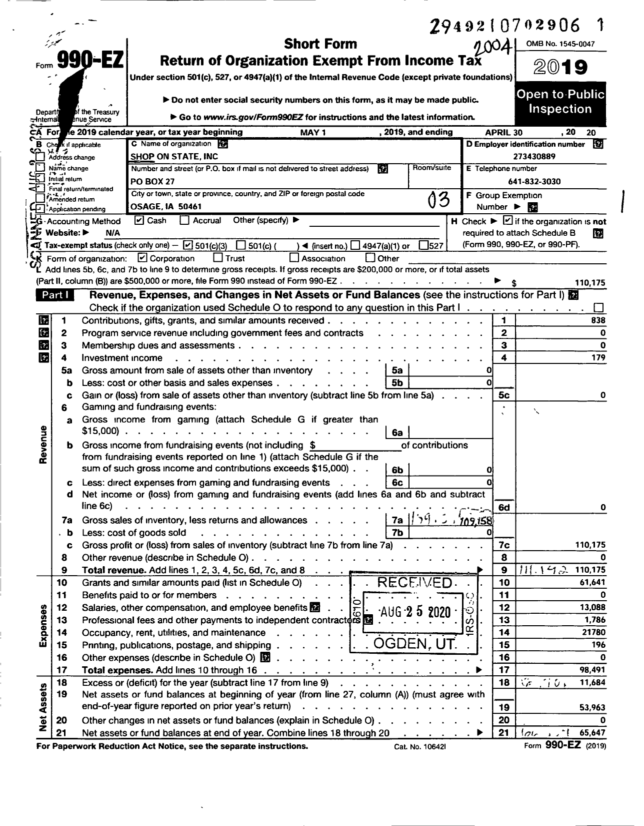 Image of first page of 2019 Form 990EZ for Shop on State