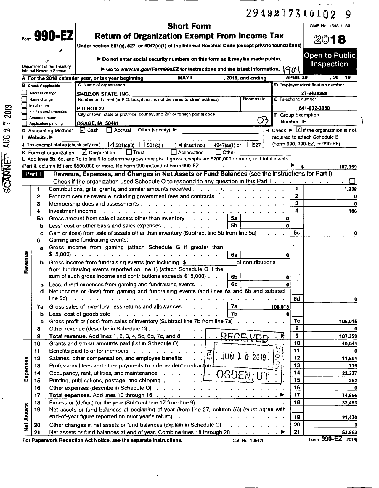 Image of first page of 2018 Form 990EZ for Shop on State