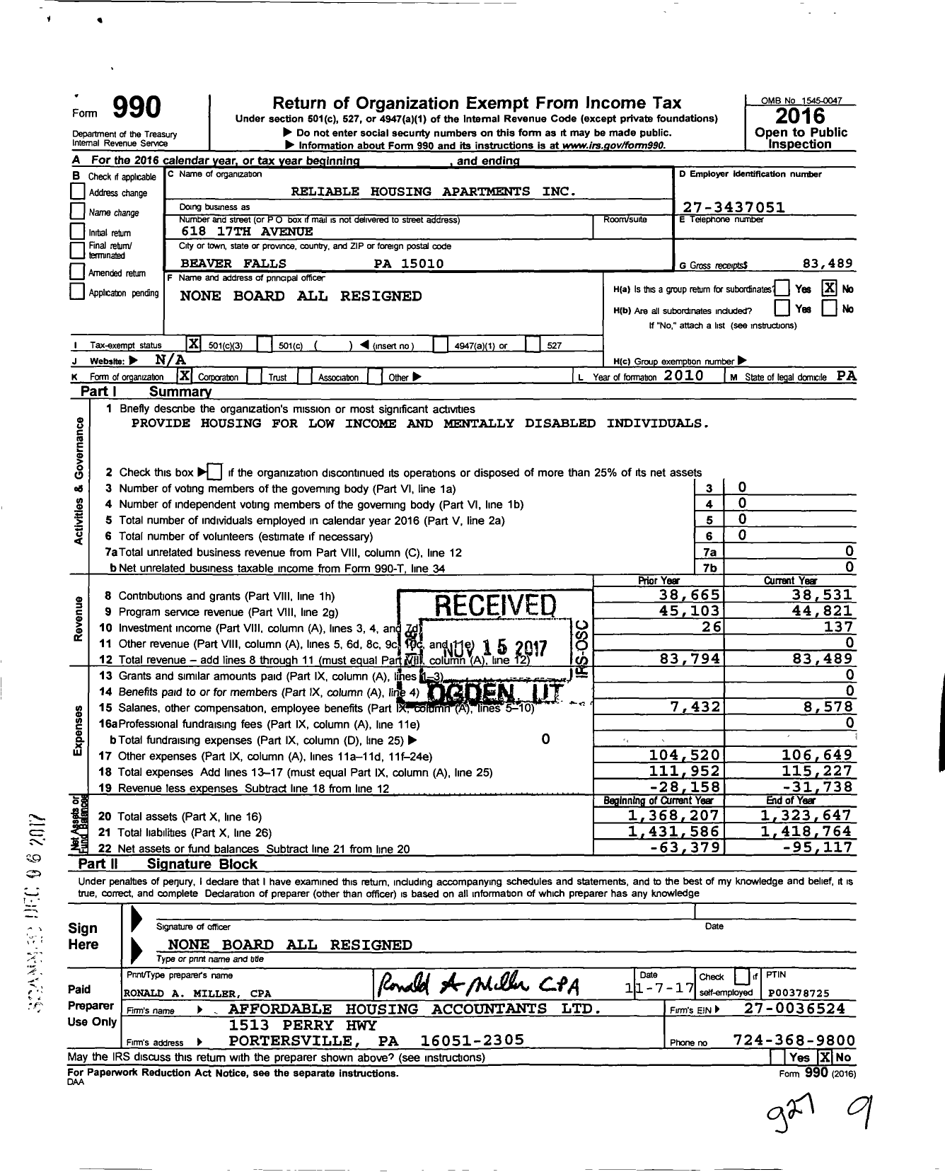 Image of first page of 2016 Form 990 for Reliable Housing Apartments